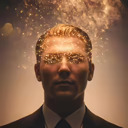 a man with a star - like eyeballs is staring forward