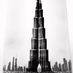 an artistic photo of two large structures with skyscrapers in the background