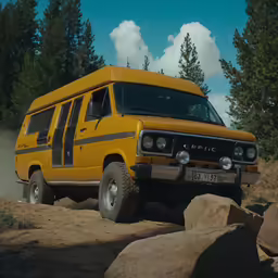 an old van going off a dirt road