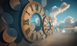 clock faces with blue skies and clouds in the background