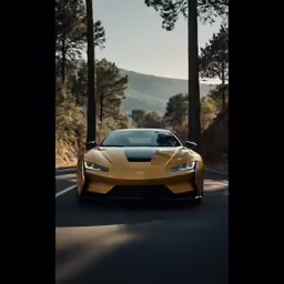 the gold car is driving down the street in front of some trees
