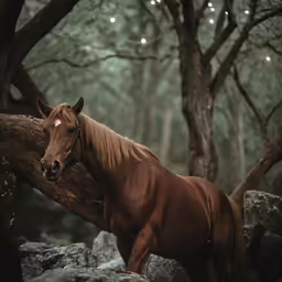 a brown horse standing by a tree with string lights all around