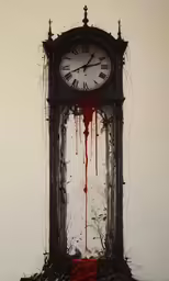 a clock tower with blood spilling from the sides