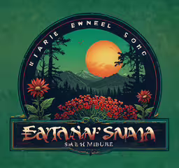 a green background with a large red flower and a forest scene,the logo of eastern son, featuring wild flowers in an evergreen forest