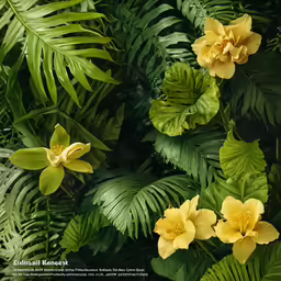 a picture of a group of different flowers and leaves