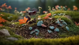 small plants and leaves are growing in the ground