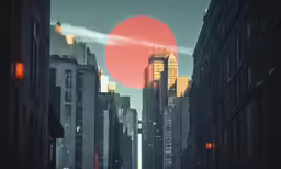 some buildings lights and a big red circle