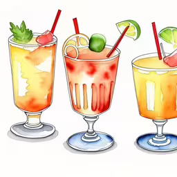 three different kinds of cocktails in glasses with lime, apple and watermelon garnishments,three drinks that are sitting next to each other
