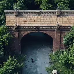 an old bridge in a green area with a person walking towards it