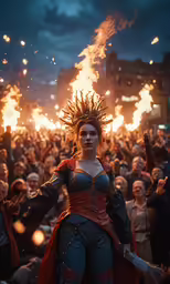 the woman is wearing an ornate outfit as she is surrounded by people and fire