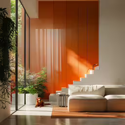 a living room scene with the sofa and window open,the interior of an orange colored living room with white walls
