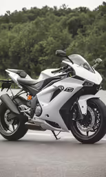 a parked motorcycle sitting next to a forest