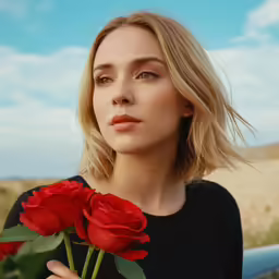 a blonde haired woman holding a red rose with blue skies in the background