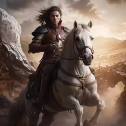 a woman riding a white horse in a mountain