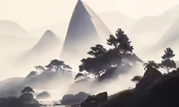 there are many large rocks in the background with trees