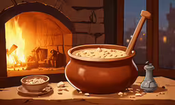 a pot with something in it sitting next to an open fire place,the pot sits next to a fireplace and a small sauce bowl