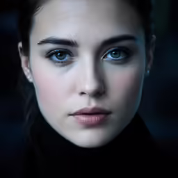 a woman with blue eyes looking directly into the camera