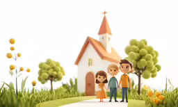 family and church animated in the grass with orange flowers