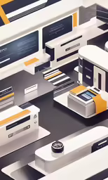 a variety of electronic devices sit on shelves