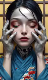 a girl is wearing silver gloves and a blue shirt