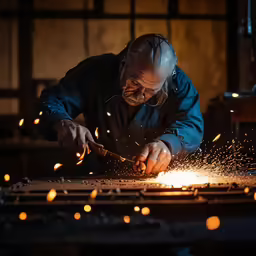 a man making something with lots of sparks