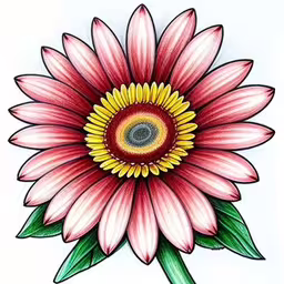 a painting with a very pretty flower in the middle,the drawing shows a pink flower with green leaves,a drawing of a pink flower that is drawn in colored pencils,there is a pink flower with green leaves,a drawing of a flower, it looks like the petals are dying
