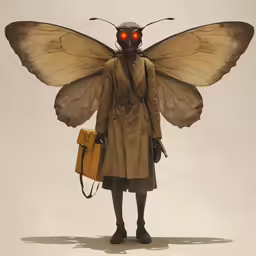 a lady bug like creature dressed in tan clothing holding two yellow bags