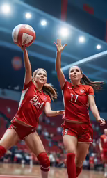two girls playing basketball in a stadium during the day
