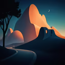 a painting of a rock formation and trees