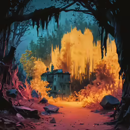 a very creepy looking house in the woods surrounded by rocks