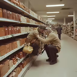 a couple are sitting down picking out a bag