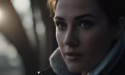 an woman wearing a coat is looking away