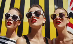 three women in glasses wearing red lipstick