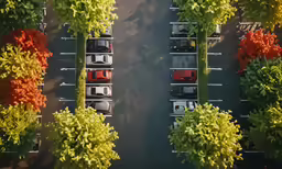 two trucks and trees in a parking lot