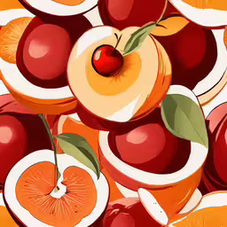 the illustration shows an apple and slices of fruit on an orange background,a background image of oranges and apples with an orange slice