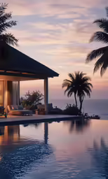 a villa with pool overlooking the ocean during dusk