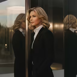 a lady in a suit waiting behind a glass door
