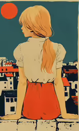 a painting of a girl on a rooftop
