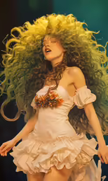 a woman with long, wavy hair in a dress