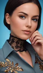 woman in pale blue blouse and gold jewelry looking at camera