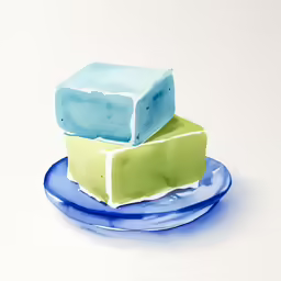 three pieces of cake are on blue plates