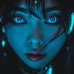 a woman with bright blue eyes with the moon in her hair,a woman with blue eyes wearing a necklace