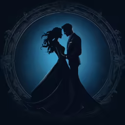 a silhouette of a bride and groom in a ball gown with an ornate frame