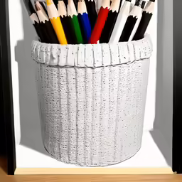 there are colored pencils in a basket that is on the table