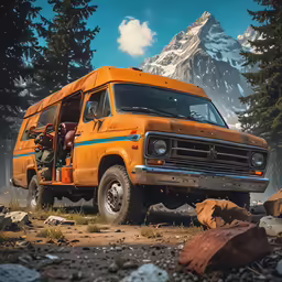 an orange van with people inside driving through a forest