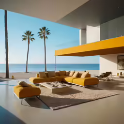 large living room with furniture overlooking the ocean