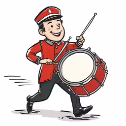 a cartoon drummer carrying drums while marching