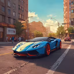 a blue sports car on the street in front of tall buildings,the car is parked in the street near buildings