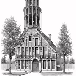 black and white picture of a church with steeple