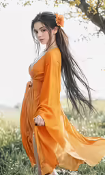 young woman in long dress posing in field of flowers